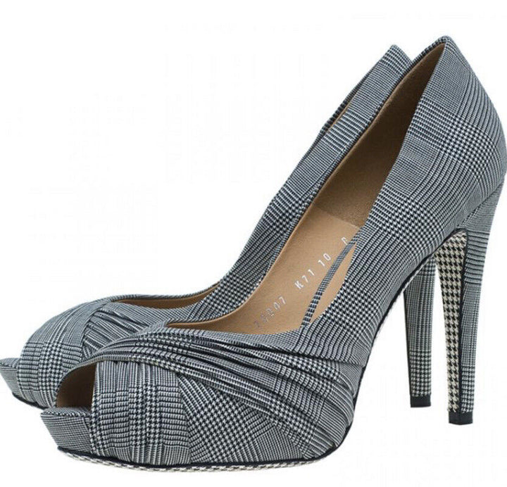 SALVATORE FERRAGAMO CHECK FABRIC PEEP TOE PUMPS