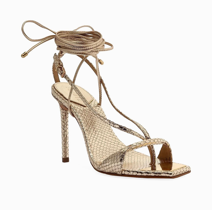 SCHUTZ VIKKI METALLIC SNAKE EMBOSSED LEATHER HEELED SANDALS