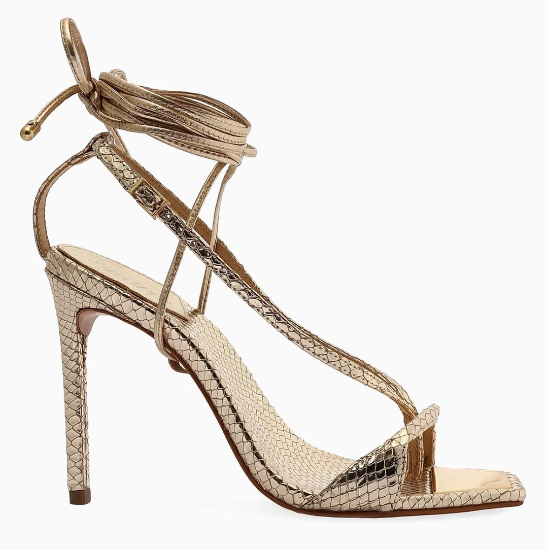 SCHUTZ VIKKI METALLIC SNAKE EMBOSSED LEATHER HEELED SANDALS