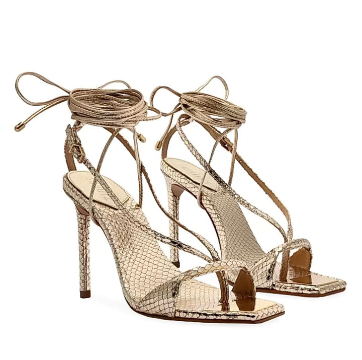 SCHUTZ VIKKI METALLIC SNAKE EMBOSSED LEATHER HEELED SANDALS