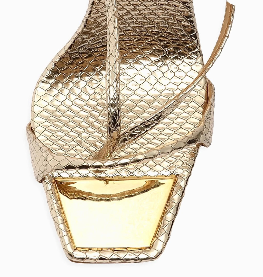 SCHUTZ VIKKI METALLIC SNAKE EMBOSSED LEATHER HEELED SANDALS