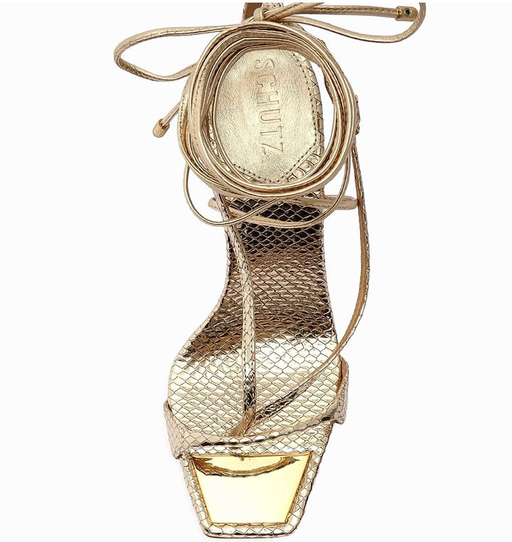 SCHUTZ VIKKI METALLIC SNAKE EMBOSSED LEATHER HEELED SANDALS
