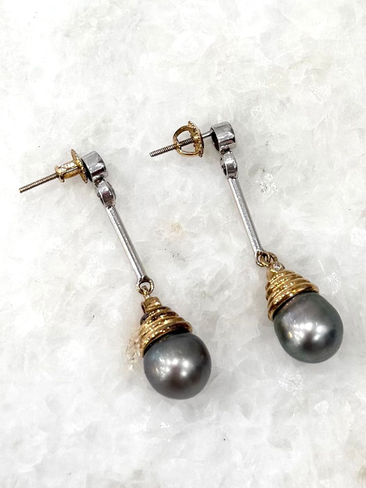 SOUTH SEA 14K GOLD TAHITIAN PEARL &amp; DIAMONDS DANGLE EARRINGS
