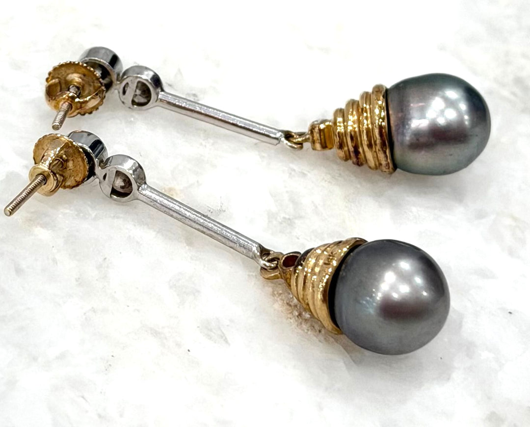 SOUTH SEA 14K GOLD TAHITIAN PEARL &amp; DIAMONDS DANGLE EARRINGS
