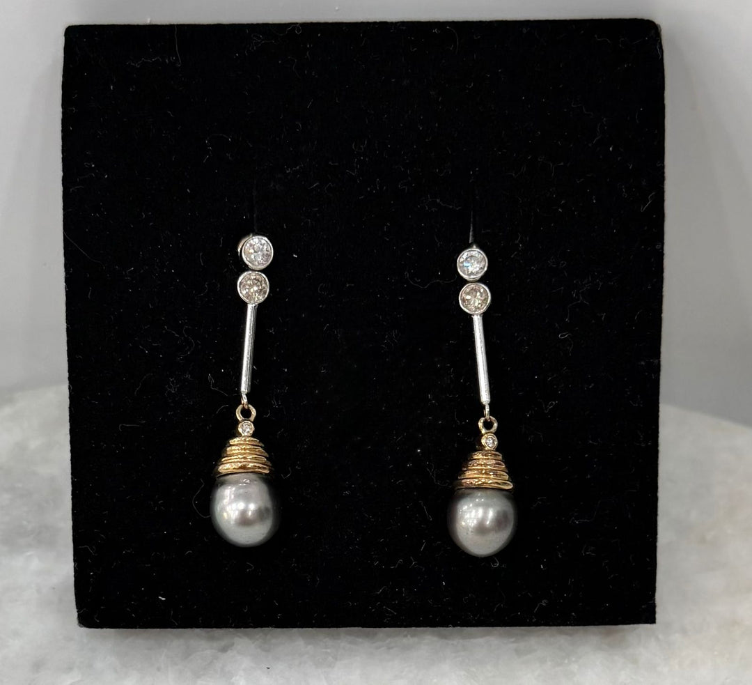 SOUTH SEA 14K GOLD TAHITIAN PEARL &amp; DIAMONDS DANGLE EARRINGS