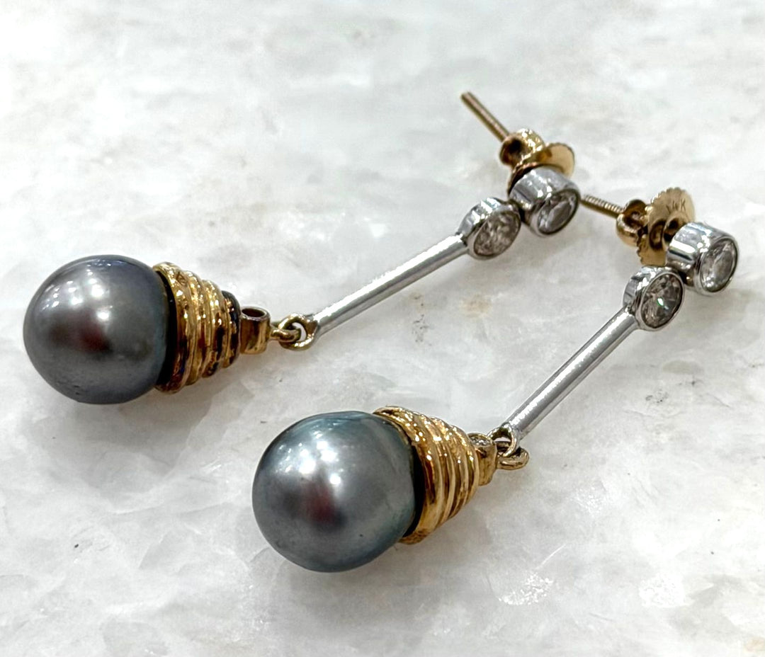 SOUTH SEA 14K GOLD TAHITIAN PEARL &amp; DIAMONDS DANGLE EARRINGS