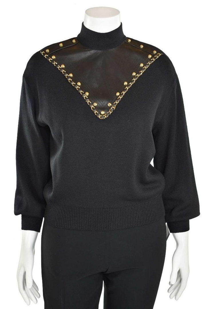 ST JOHN COLLECTION WOOL LEATHER STUDDED MOCK NECK SWEATHER