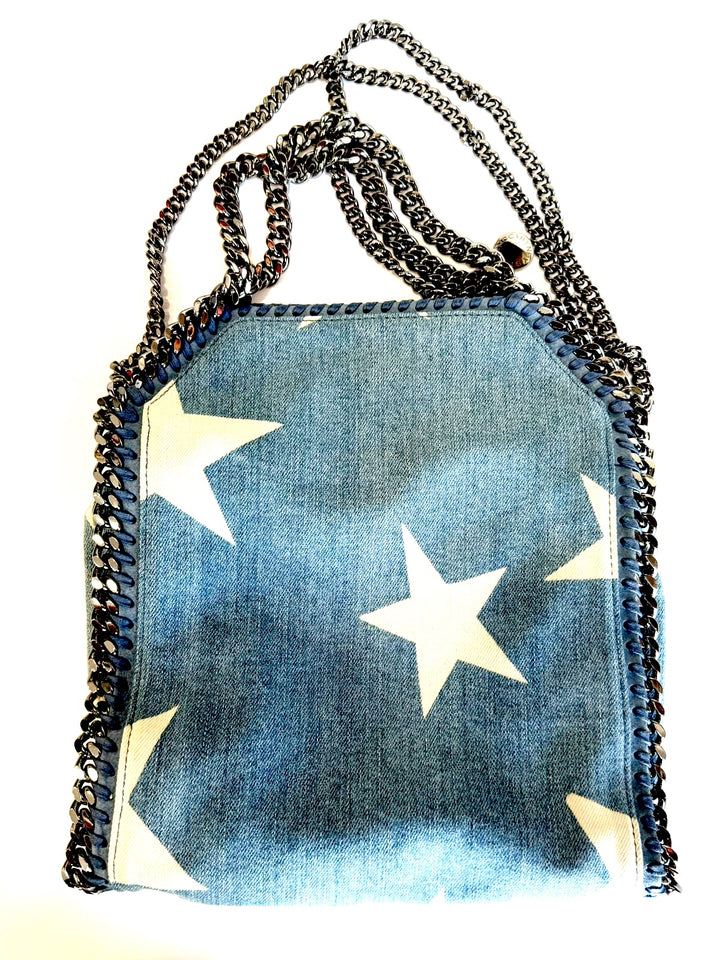 STELLA MCCARTNERY DENIM MINI STAR PRINT FALABELLA TOTE BAG