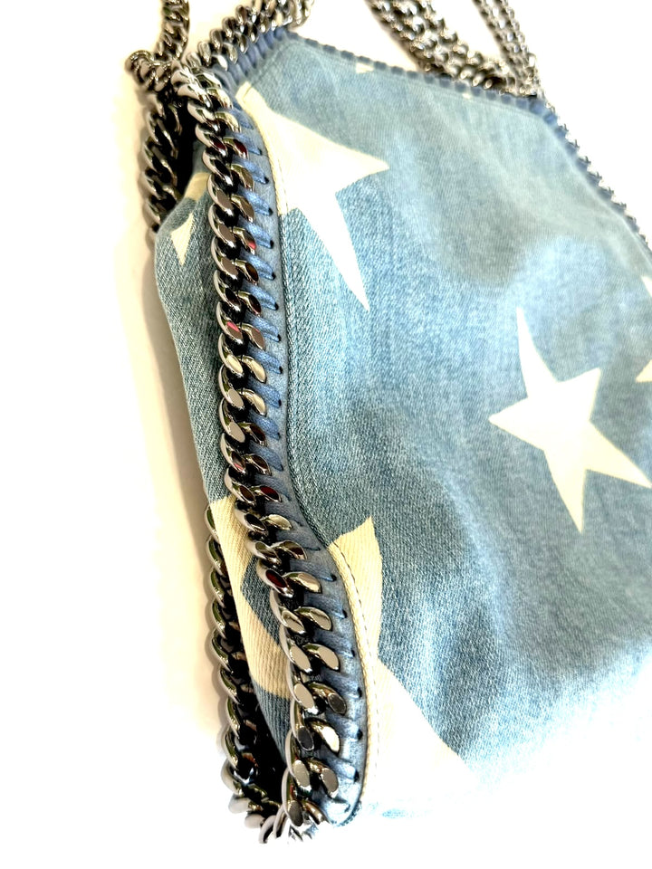 STELLA MCCARTNERY DENIM MINI STAR PRINT FALABELLA TOTE BAG