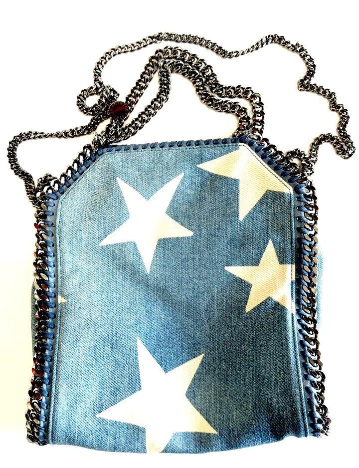 STELLA MCCARTNERY DENIM MINI STAR PRINT FALABELLA TOTE BAG