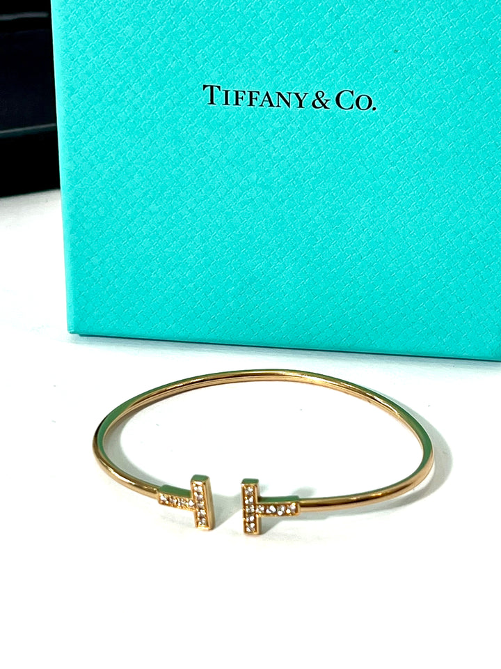 TIFFANY &amp; CO. T-WIRE 18K YELLOW GOLD DIAMOND BRACLET