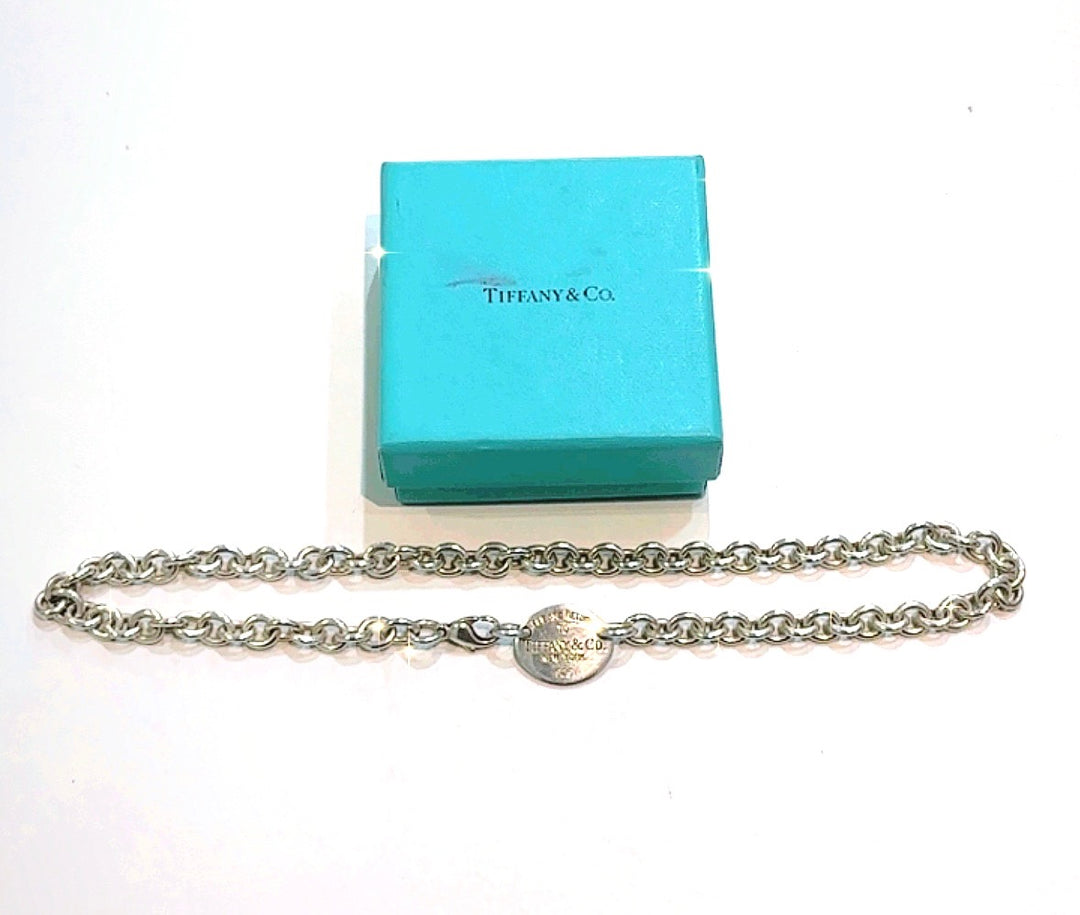 TIFFANY &amp; CO STERLING SILVER RTT OVAL TAG CHOKER NECKLACE