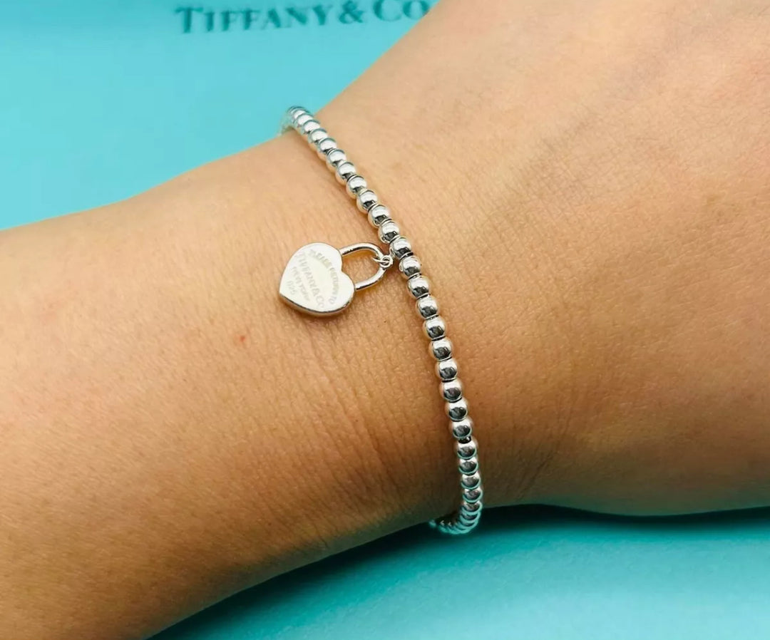 TIFFANY &amp; CO. STERLING SILVER RTT HEART LOCK BEAD BRACELET
