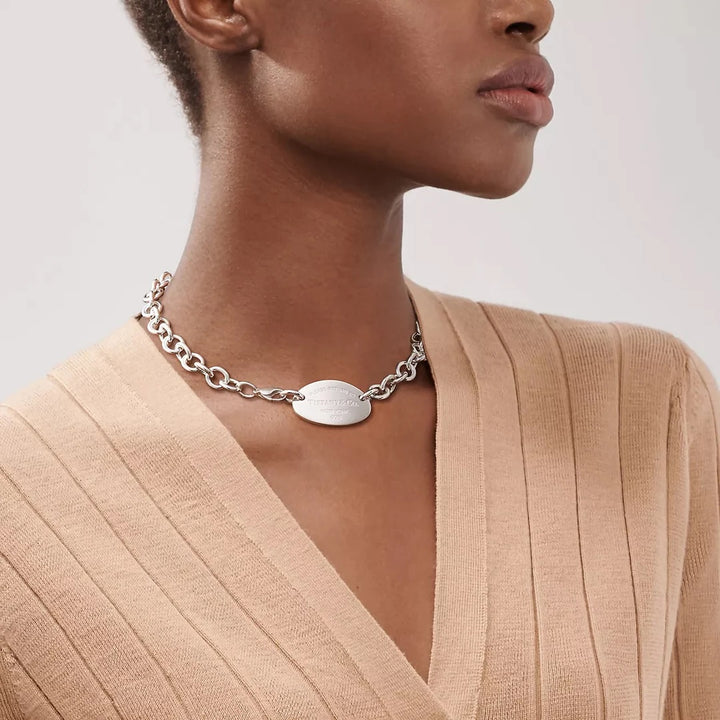 TIFFANY &amp; CO STERLING SILVER RTT OVAL TAG CHOKER NECKLACE