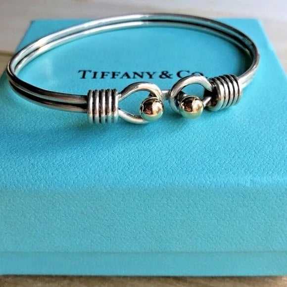 TIFFANY &amp; CO. SILVER 18K GOLD DOUBLE HOOK EYE BANGLE BRACELET