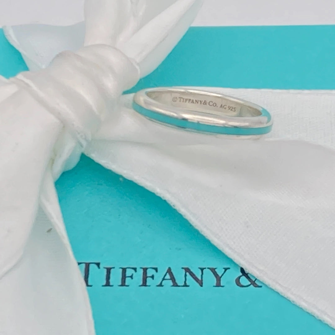 TIFFANY &amp; CO. STERLING SILVER BLUE ENAMEL BAND RING