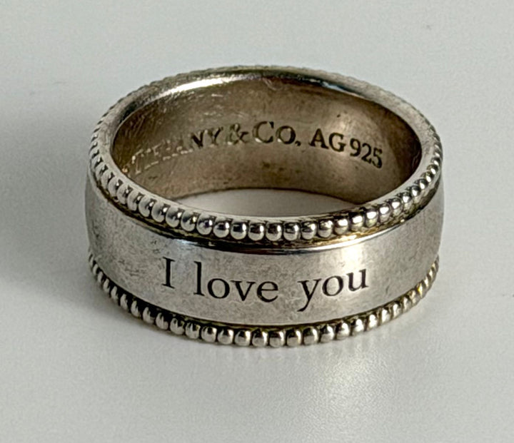 TIFFANY &amp; CO. STERLING SILVER I LOVE YOU BEADED EDGE RING