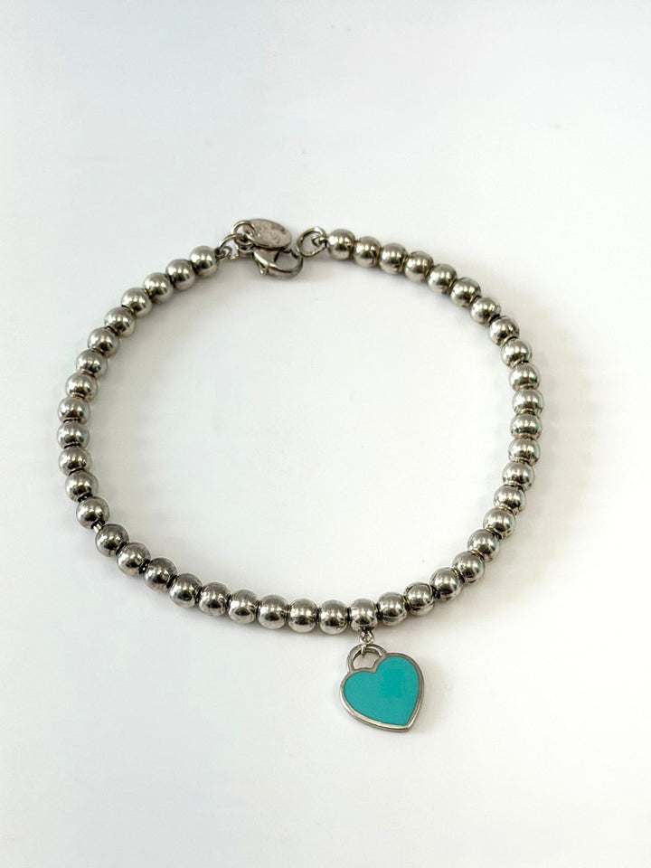 TIFFANY BLUE® ENAMEL HEART TAG RTT STERLING SILVER BEAD BRACELET