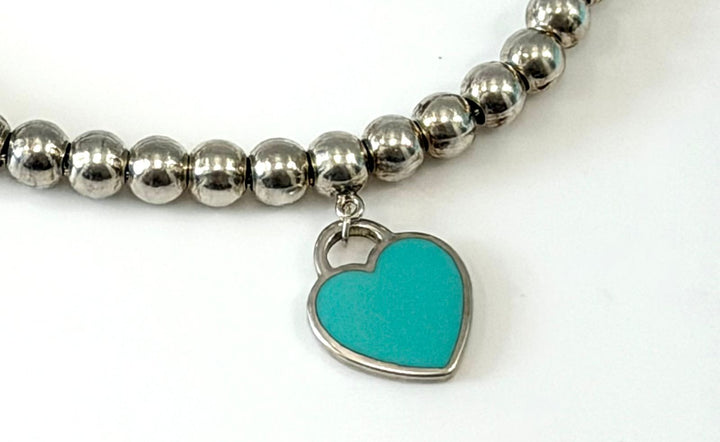 TIFFANY BLUE® ENAMEL HEART TAG RTT STERLING SILVER BEAD BRACELET