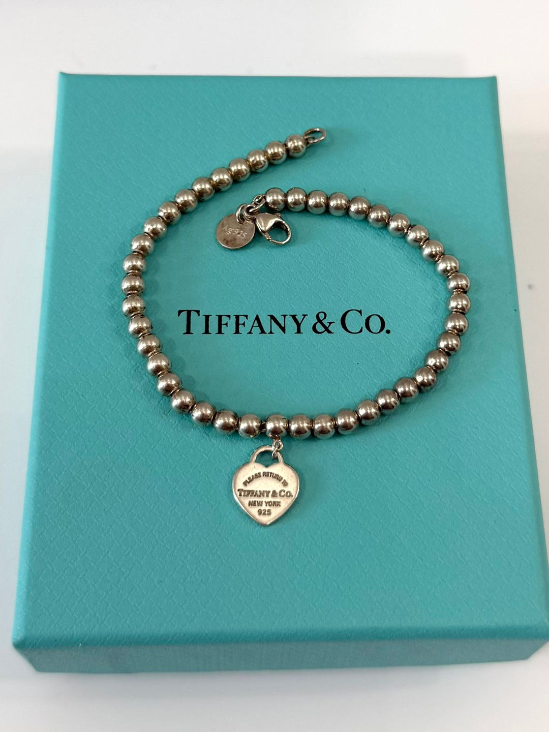 TIFFANY BLUE® ENAMEL HEART TAG RTT STERLING SILVER BEAD BRACELET