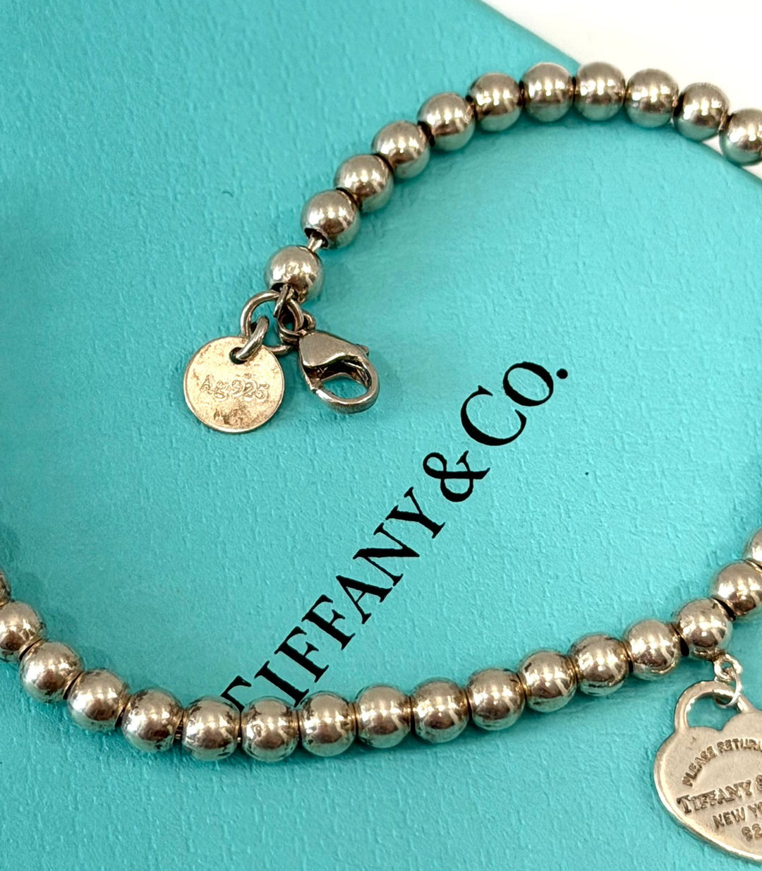 TIFFANY BLUE® ENAMEL HEART TAG RTT STERLING SILVER BEAD BRACELET