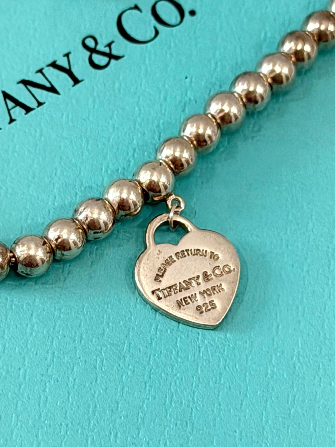 TIFFANY BLUE® ENAMEL HEART TAG RTT STERLING SILVER BEAD BRACELET