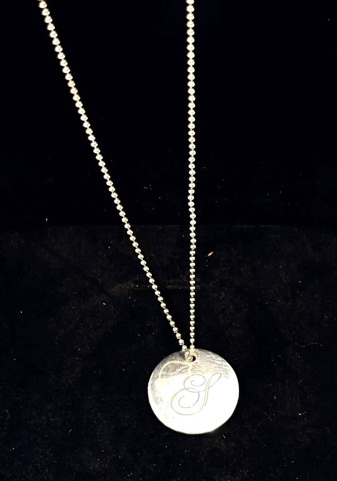 TIFFANY &amp; CO. SILVER INITIAL "S" DISC PENDANT STERLING SILVER NECKLACE