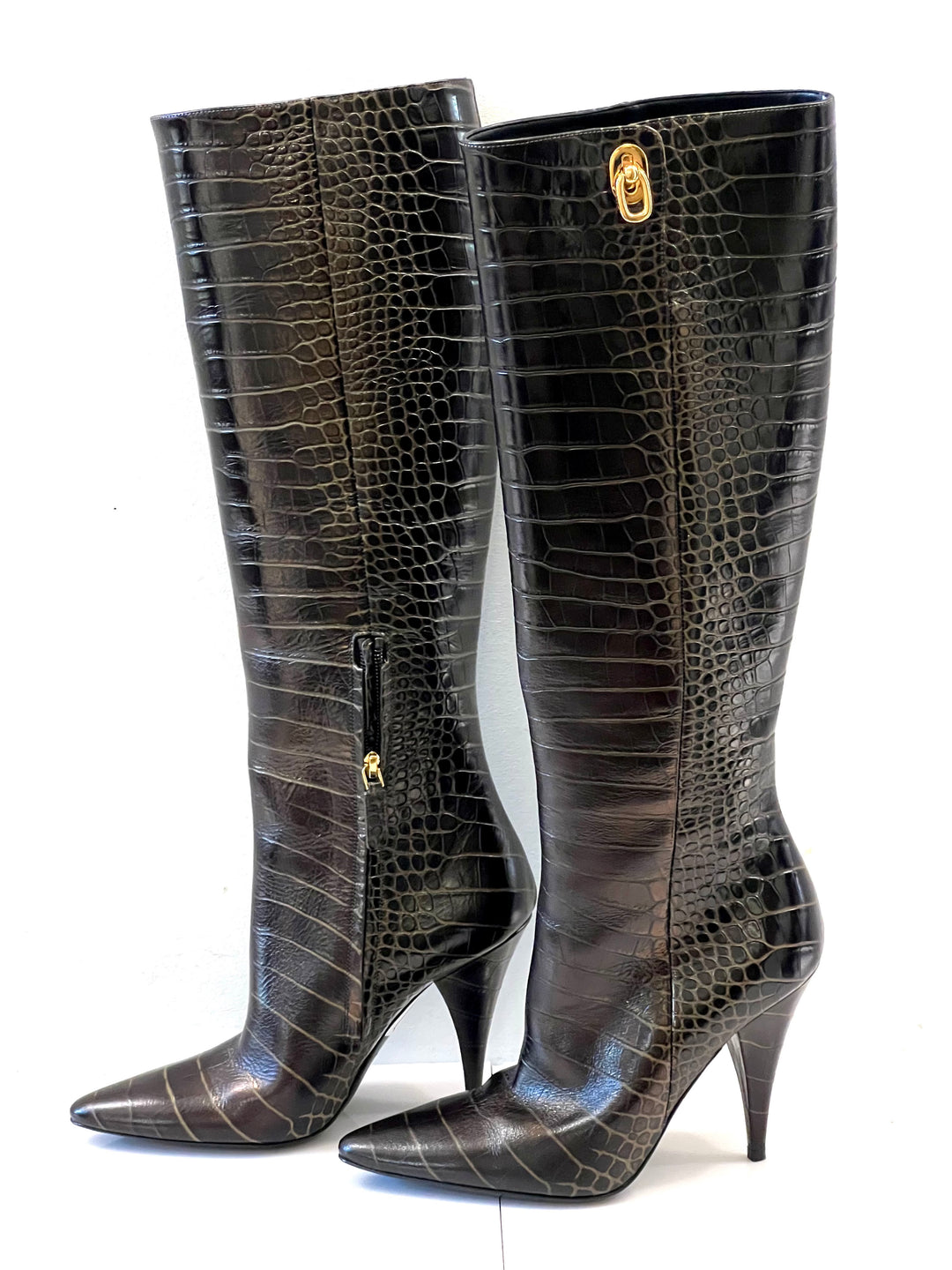 TOM FORD CROC EMBOSSED CALFSKIN KNEE HIGH BOOTS