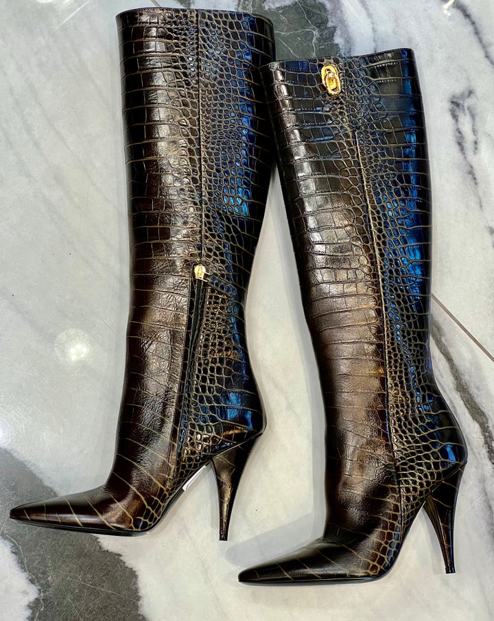 TOM FORD CROC EMBOSSED CALFSKIN KNEE HIGH BOOTS