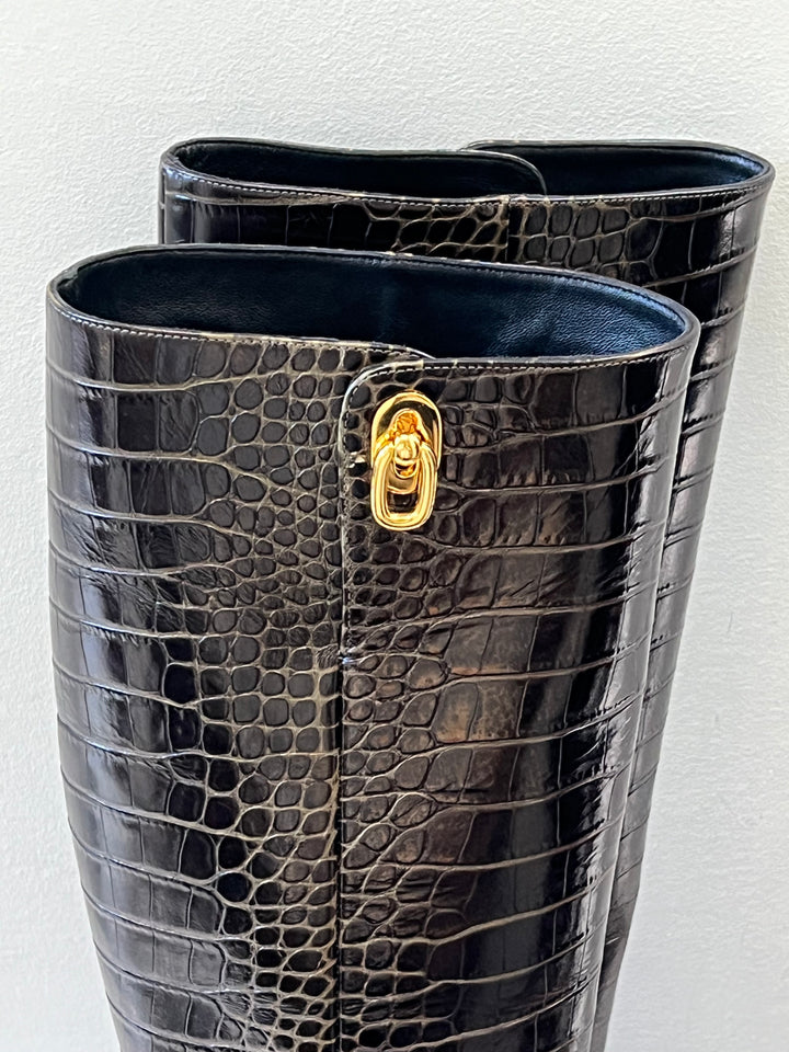 TOM FORD CROC EMBOSSED CALFSKIN KNEE HIGH BOOTS