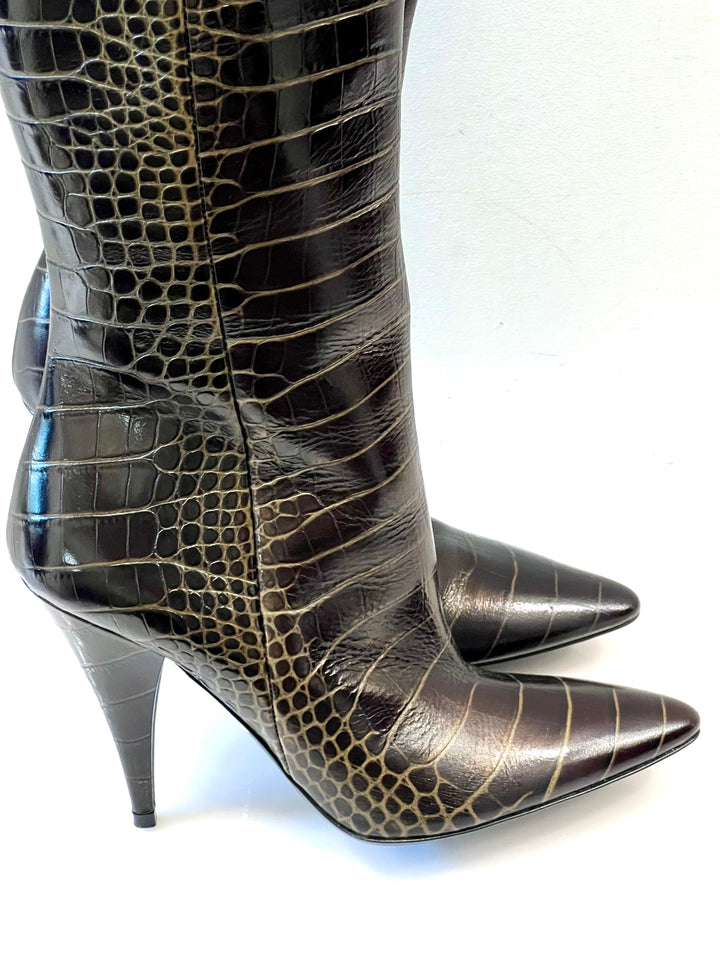 TOM FORD CROC EMBOSSED CALFSKIN KNEE HIGH BOOTS