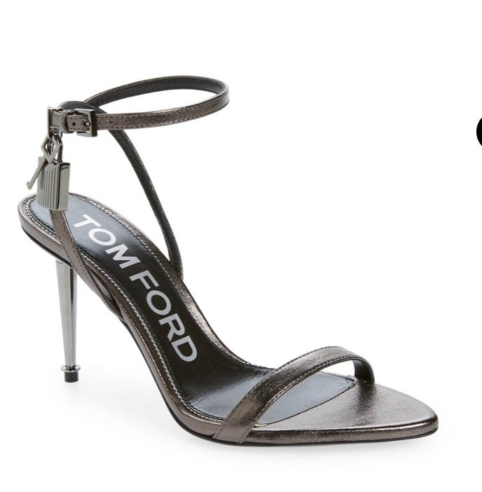 TOM FORD PADLOCK ANKLE STRAP SANDALS GUNMETAL