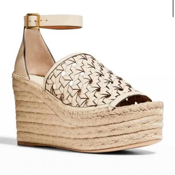 TORY BURCH BASKET WEAVE LEATHER WEDGE HEEL ESPADRILLE