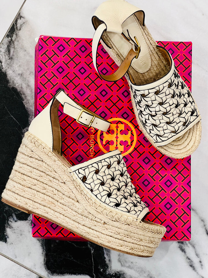 TORY BURCH BASKET WEAVE LEATHER WEDGE HEEL ESPADRILLE