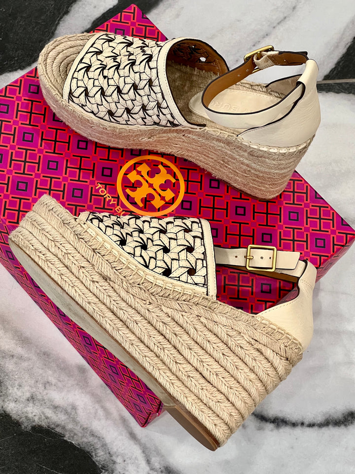 TORY BURCH BASKET WEAVE LEATHER WEDGE HEEL ESPADRILLE