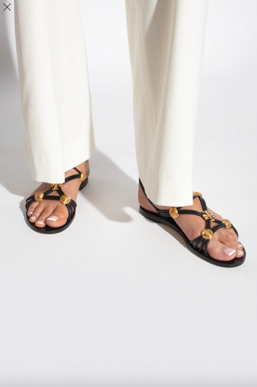 TORY BURCH CAPRI BEADED LEATHER MULTI STRAP SANDALS