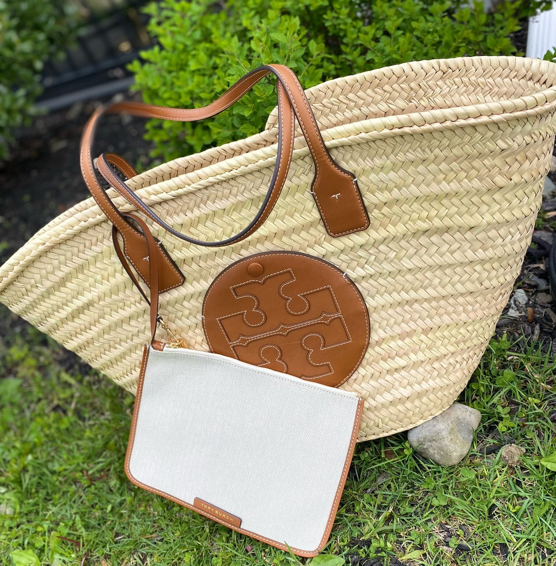 トートバッグ Tory Burch Small 'Ella' Shopping Bag In White Basket Straw Small Ella Croc-Embossed Straw Basket: Women's Designer Tote