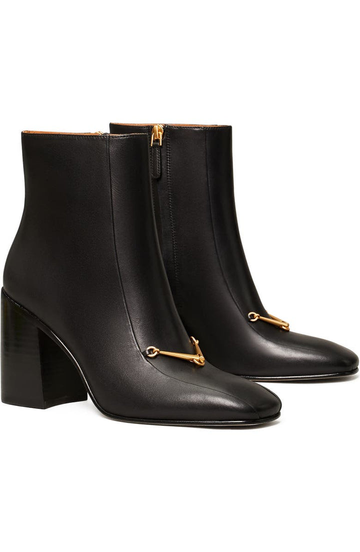 TORY BURCH EQUESTRIAN LINK CALFSKIN LEATHER ANKLE BOOTS