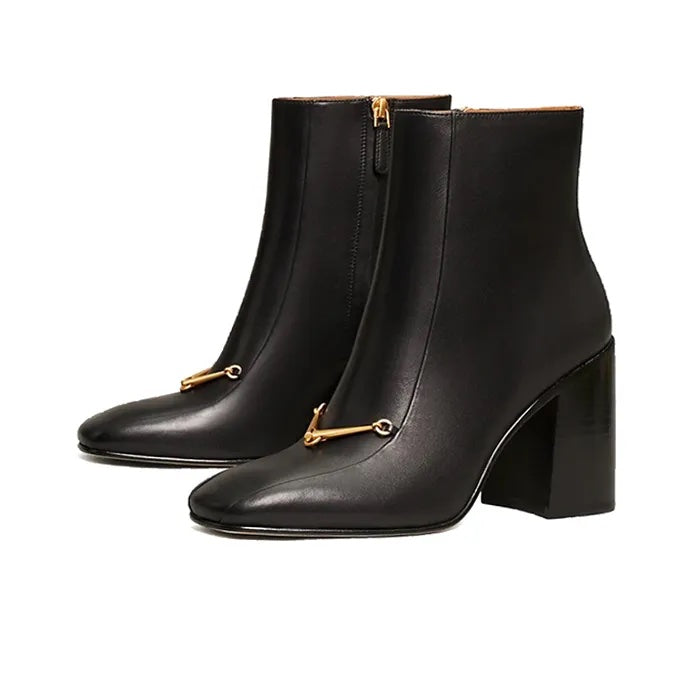 TORY BURCH EQUESTRIAN LINK CALFSKIN LEATHER ANKLE BOOTS