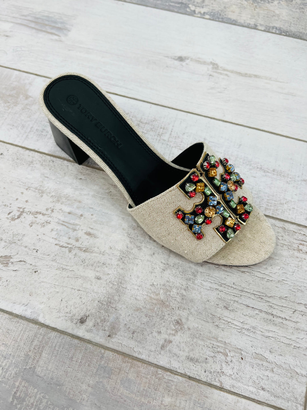 TORY BURCH INES EMBELLISHED LINEN &amp; LEATHER MULES