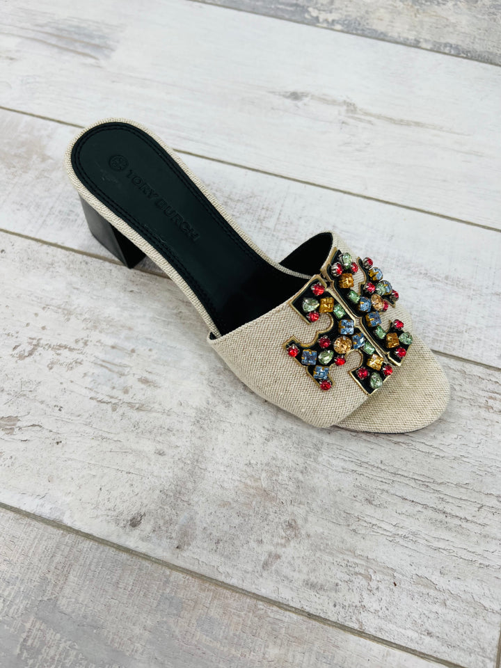 TORY BURCH INES EMBELLISHED LINEN &amp; LEATHER MULES