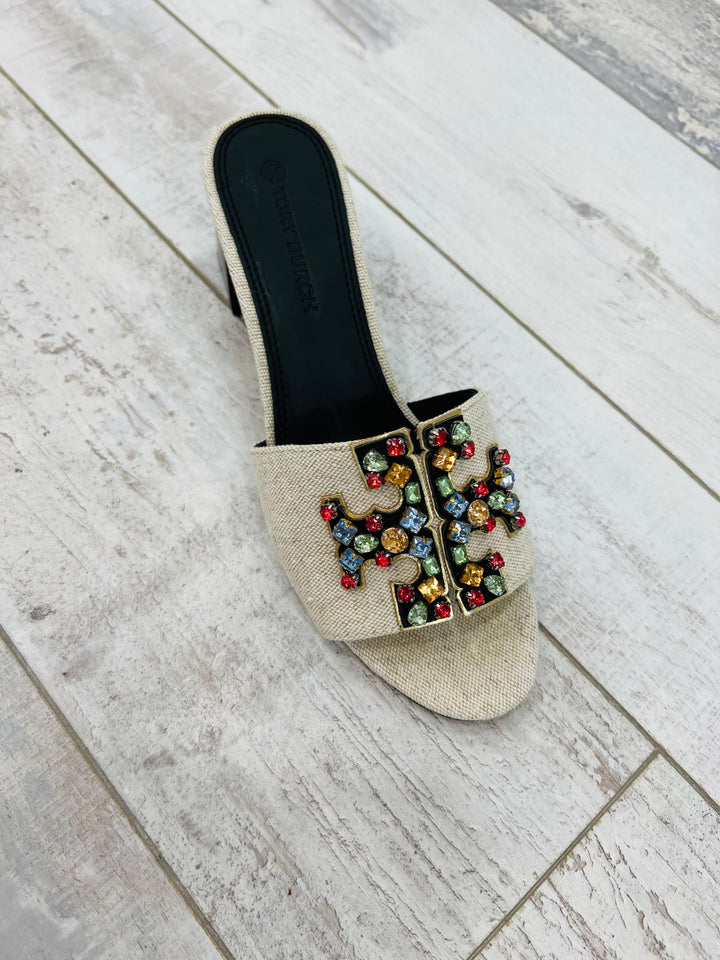 TORY BURCH INES EMBELLISHED LINEN &amp; LEATHER MULES
