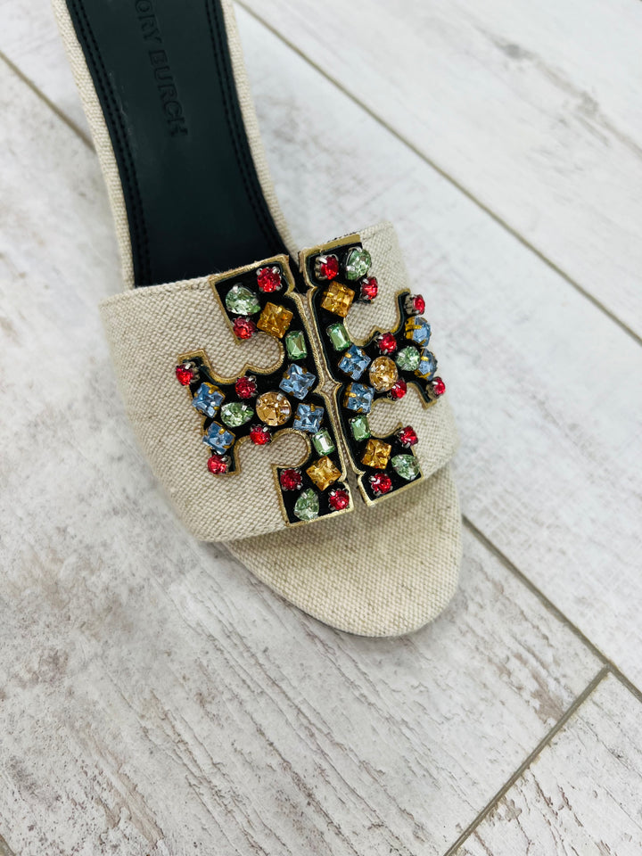 TORY BURCH INES EMBELLISHED LINEN &amp; LEATHER MULES