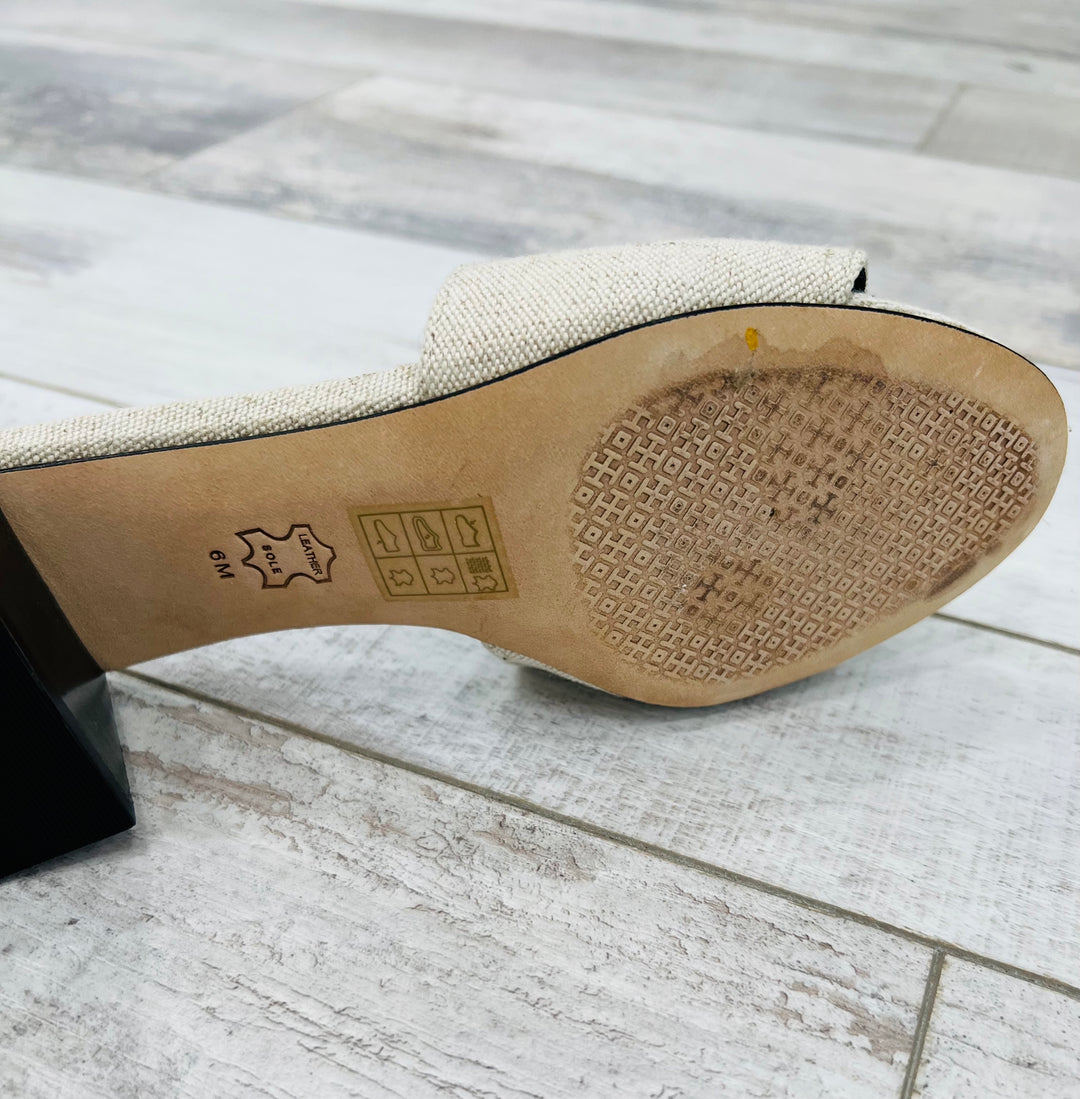 TORY BURCH INES EMBELLISHED LINEN &amp; LEATHER MULES