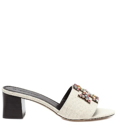 TORY BURCH INES EMBELLISHED LINEN &amp; LEATHER MULES