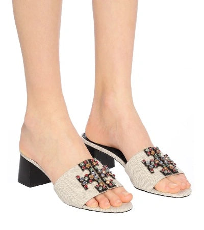 TORY BURCH INES EMBELLISHED LINEN &amp; LEATHER MULES