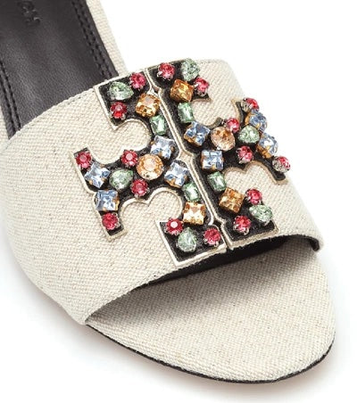 TORY BURCH INES EMBELLISHED LINEN &amp; LEATHER MULES