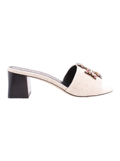 TORY BURCH INES EMBELLISHED LINEN &amp; LEATHER MULES
