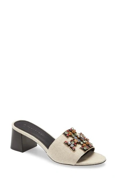 TORY BURCH INES EMBELLISHED LINEN &amp; LEATHER MULES