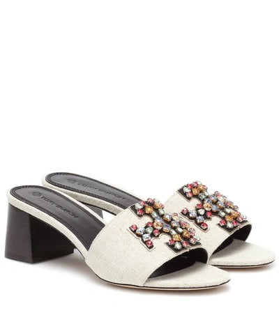 TORY BURCH INES EMBELLISHED LINEN &amp; LEATHER MULES